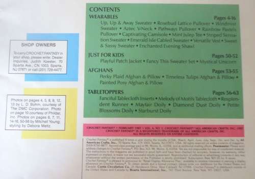 CROCHET FANTASY  - USA  FEBRUARY 1987- VOL 6 NO 1  - 64 PAGES - WITH CONTENTS PAGE