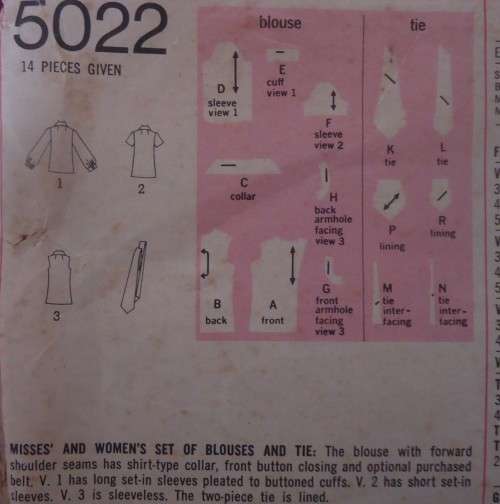 SIMPLICITY 5022  BLOUSE & TIE SIZE 14 - SEE LISTING - NO COVER - ZIPLOC BAG