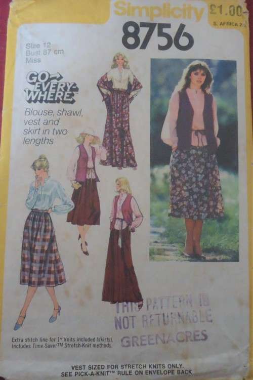SIMPLICITY 8756 PULLOVER BLOUSE-SHAWL-VEST-SKIRT SIZE 12 BUST 87 CM SEE LISTING