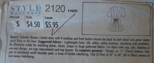 STYLE 2120 CULOTTE DRESS SIZE A=6 - 16 COMPLETE