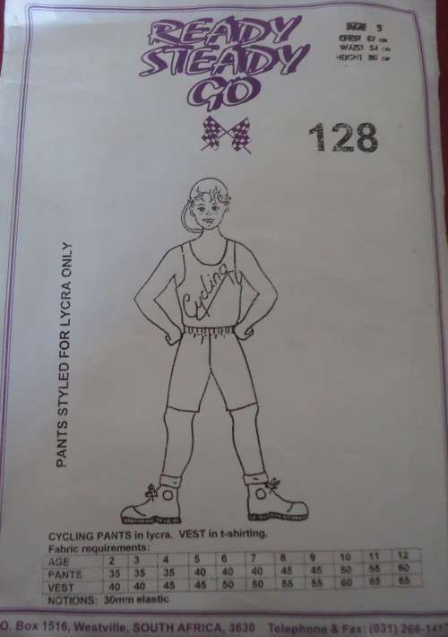 READY-STEADY-GO PATTERN-NUMBER 128 CYCLING VEST & SHORTS  SIZE 5 YRS CHEST 57 CM