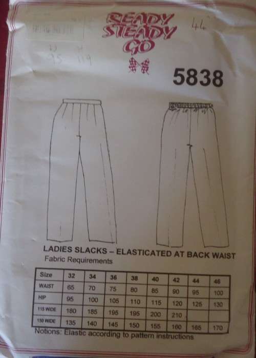 READY-STEADY-GO PATTERN-NUMBER 5838 LADIES SLACK -ELASTICATED AT BACK WAIST SIZE 44` /112 CM
