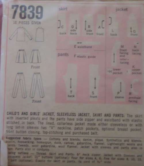 VINTAGE SIMPLICITY 7839 GIRLS JACKET-SLEEVELESS JACKET-SKIRT-PANTS SIZE10 YRS BREAST 28 1/2`COMPLETE