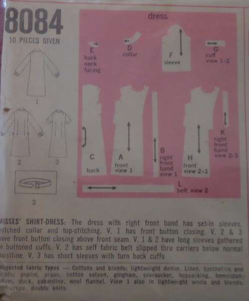 VINTAGE SIMPLICITY 8084 SHIRT-DRESS SIZE 14 BUST 36` COMPLETE-ZIPLOC BAG