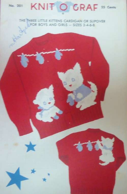 KNIT O GRAF PATTERN 201 THE THREE LITTLE KITTENS CARDIGAN-SLIPOVER-BOYS & GIRLS SIZES 2-8 YRS
