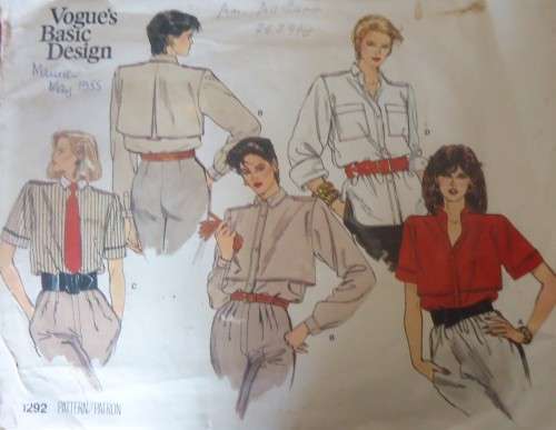 VOGUE BASIC DESIGN 1292 LADIES BLOUSES SIZE 8-10-12 COMPLETE-UNCUT-F/FOLDED