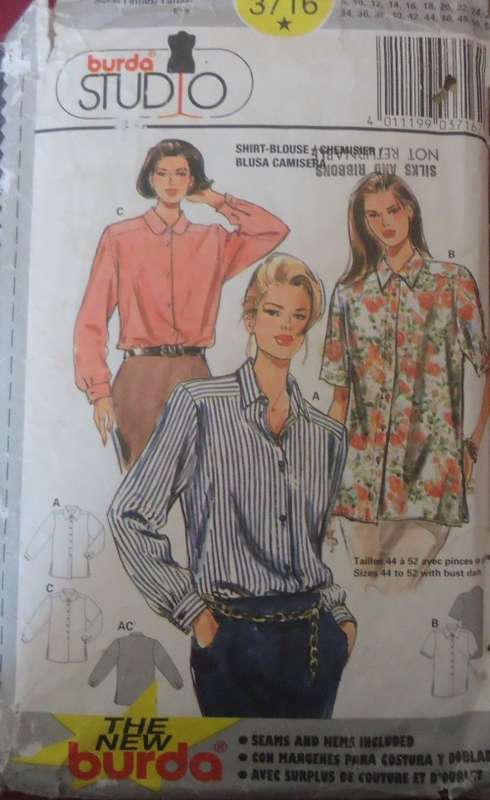 BURDA 3716 BLOUSE-SHIRT SIZE 8-10-12-14-16-18-20-22-24-26 SEE LISTING