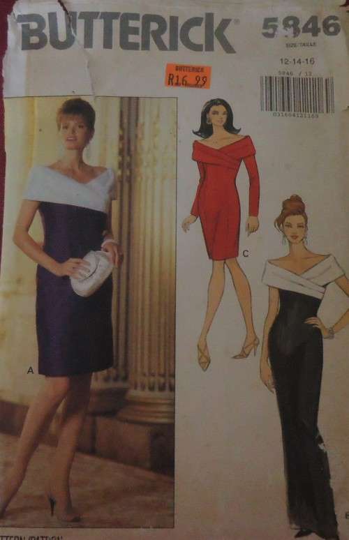 BUTTERICK 5846 CLOSE FITTING-BONED-STRAIGHT DRESS WITH OFER SHOULDER COLLAR SIZE12-14-16 COMPLETE
