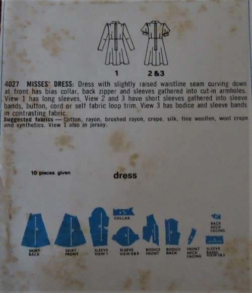 STYLE 4027  DRESS WITH SLIGHTLY RAISED WAISTLINE SIZE 12 BUST 34` COMPLETE-UNCUT-F/FOLDED