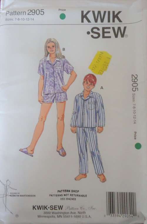 KWIK SEW PATTERNS 2905 KIDS SHORT & LONG PJS SIZE 7-8-10-12-14 - COMPLETE-CUT TO 14 YEARS