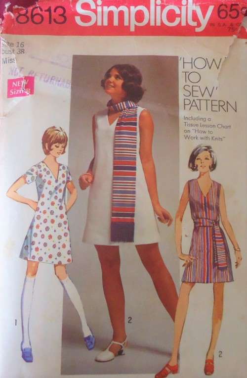 SIMPLICITY 8613 DRESS-SASH OR SCARF SIZE 16 BUST 38`  COMPLETE-ZIPLOC BAG