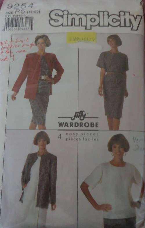 SIMPLICITY 9254 SKIRTS-TOP-JACKET SIZE R5 14-22 COMPLETE-ZIPLOC BAG