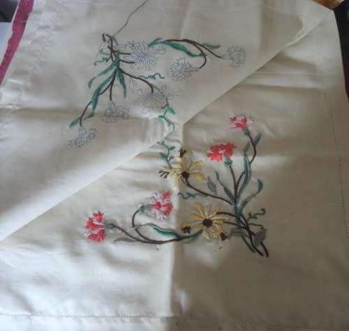 LINEN TABLE TRAY CLOTH-READY TO COMPLETED  PARTLY EMBROIDERED - 85 CM x 85 CM