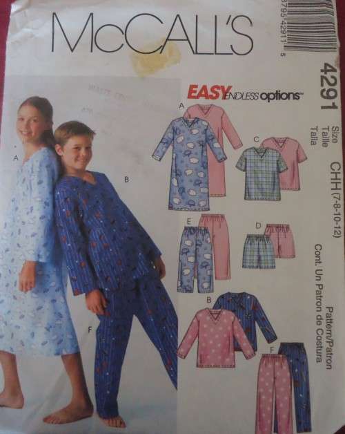 McCALLS 4291 KIDS NIGHTSHIRT-TOPS-SHORTS-PANTS SIZE CHH=7-8-10-12 YEARS - COMPLETE