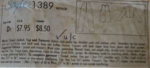 STYLE 1389 LINED JACKET-TOP-PANTS SIZE 14-COMPLETE-UNCUT-F/FOLDED-ZIPLOC BAG