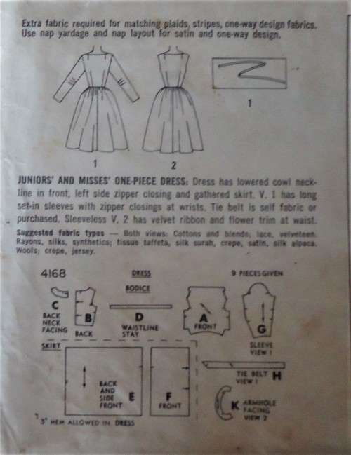 VINTAGE SIMPLICITY 4168  ONE PIECE DRESS SIZE14 BUST 34" COMPLETE- ZIPLOC BAG