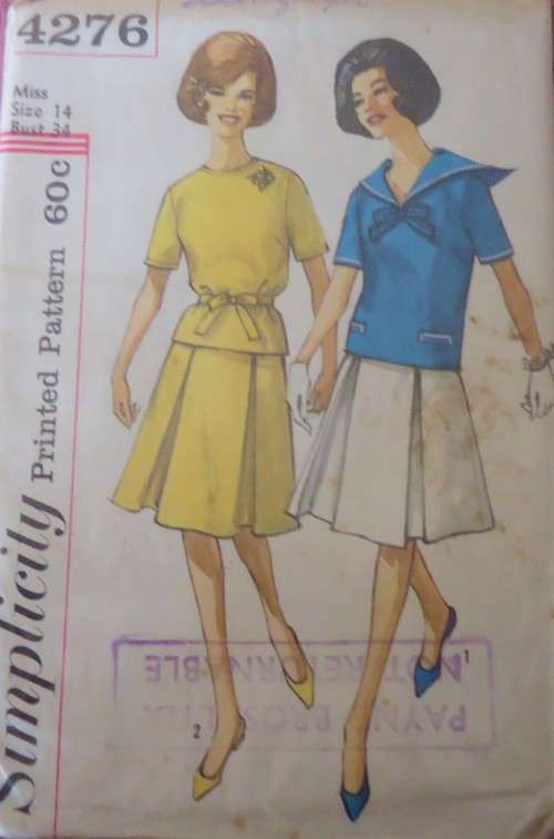 VINTAGE SIMPLICITY 4276 TWO PIECE DRESS SIZE 14 BUST 34` COMPLETE-UNCUT-F/FOLDED ZIPLOC BAG