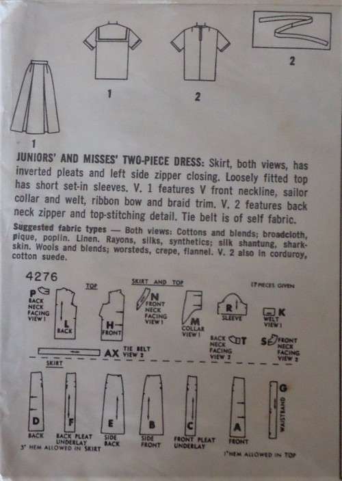 VINTAGE SIMPLICITY 4276 TWO PIECE DRESS SIZE 14 BUST 34` COMPLETE-UNCUT-F/FOLDED ZIPLOC BAG