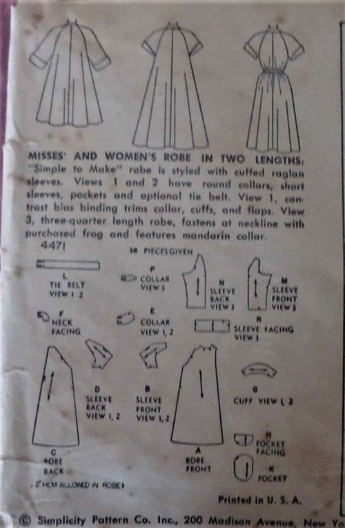 VINTAGE SIMPLICITY 4471 LADIES ROBEIN 2 LENGTHS SIZE 18 BUST 36" COMPLETE-ZIPLOC BAG