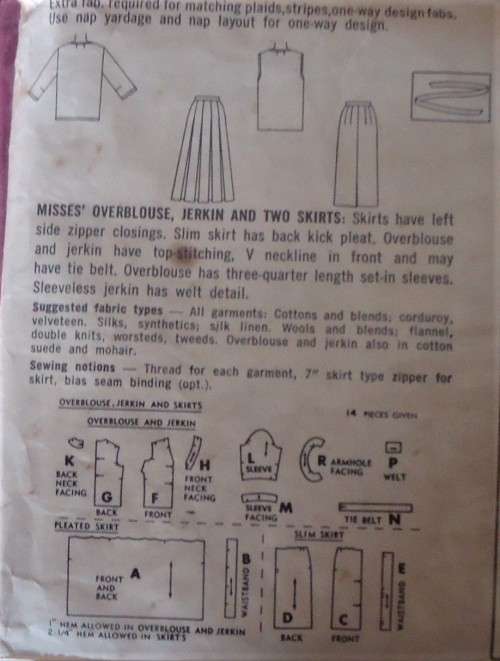 VINTAGE SIMPLICITY 4547 OOVERBLOUSE-JERKIN-2 SKIRTS SIZE 14 BUST 34` SEE LISTING- ZIPLOC BAG