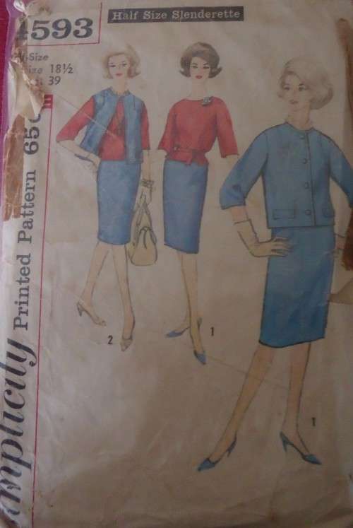 VINTAGE SIMPLICITY 4593  SKIRT-SLEEVLESS JACKET-BLOUSE SIZE 18 1/2` BUST 39` SEE LIST- ZIPLOC BAG