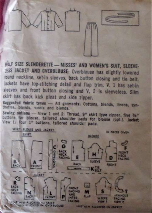 VINTAGE SIMPLICITY 4593  SKIRT-SLEEVLESS JACKET-BLOUSE SIZE 18 1/2` BUST 39` SEE LIST- ZIPLOC BAG