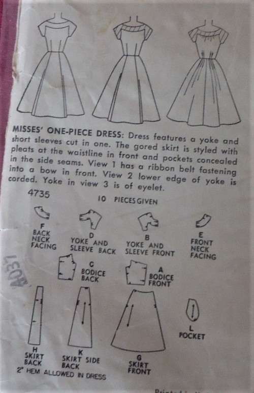 VINTAGE SIMPLICITY 4735 ONE PIECE DRESS SIZE 16 BUST 34" COMPLETE- ZIPLOC BAG