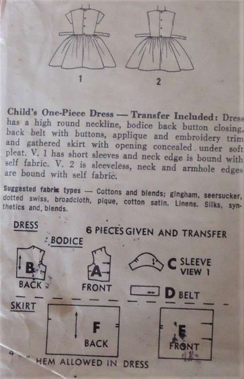 VINTAGE SIMPLICITY 4878 GIRLS ONE PIECE DRESS+ TRANSFER SIZE 6 YEARS COMPLETE- ZIPLOC BAG