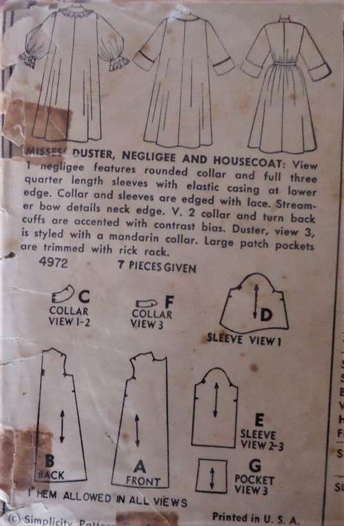 VINTAGE SIMPLICITY 4972 LADIES DUSTER-NEGILEE-HOUSE COAT SIZE 20 BUST 38`  COMPLETE-ZIPLOC BAG