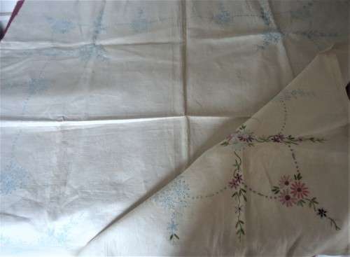 STAMPED TABLE CLOTH READY FOR EMBROIDERY (PART EMBROIDERED) WITH FINISHED EDGES -SIZE 86 X 86 CM: