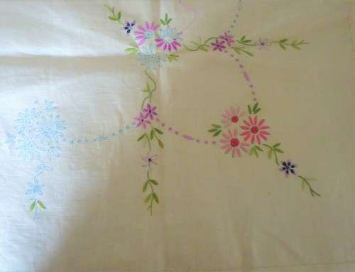 STAMPED TABLE CLOTH READY FOR EMBROIDERY (PART EMBROIDERED) WITH FINISHED EDGES -SIZE 86 X 86 CM: