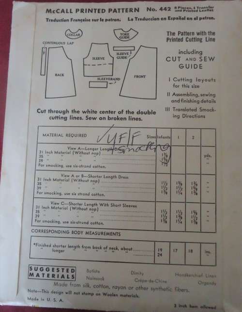 1930'S VINTAGE McCALLS 44  CHILD'S SMOCKED DRESS 1YEARS COMPLETE-UNCUT-F/FOLDED