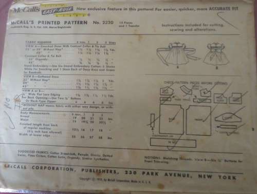 1940'S VINTAGE McCALLS 2320 TODDLER'S SMOCKED DRESS 1 YRS -COMPLETE NOSEWING INSTRUCTIONS-ZIPLOC