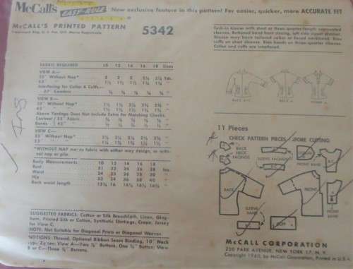 1040`S VINTAGE McCALLS 5342 LADIES BLOUSE SIZE 16 BUST 36` COMPLETE-ZIPLOC BAG