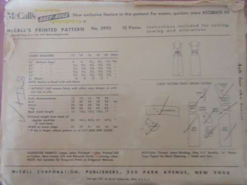1040'S VINTAGE McCALLS 3992 DRESS SIZE 16 BUST 36" COMPLETE-ZIPLOC BAG