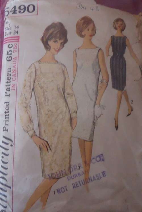 VINTAGE SIMPLICITY 5490 ONE PIECE DRESS and SLIP SIZE 14 BUST 34` COMPLETE-ZIPLOC BAG