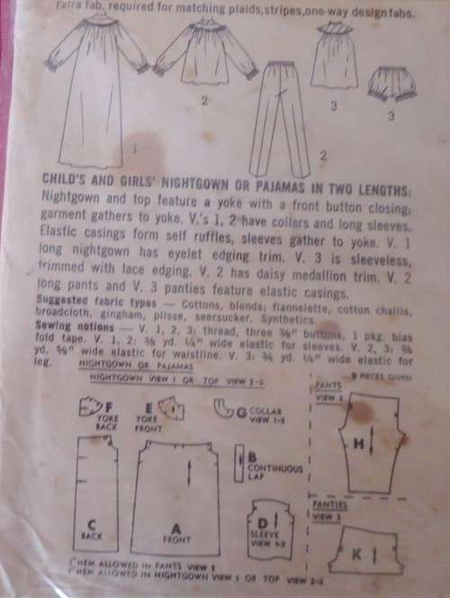 VINTAGE SIMPLICITY 5552 GIRLS NIGHTGOWN-PJS SIZE6 YEARS` COMPLETE-ZIPLOC BAG
