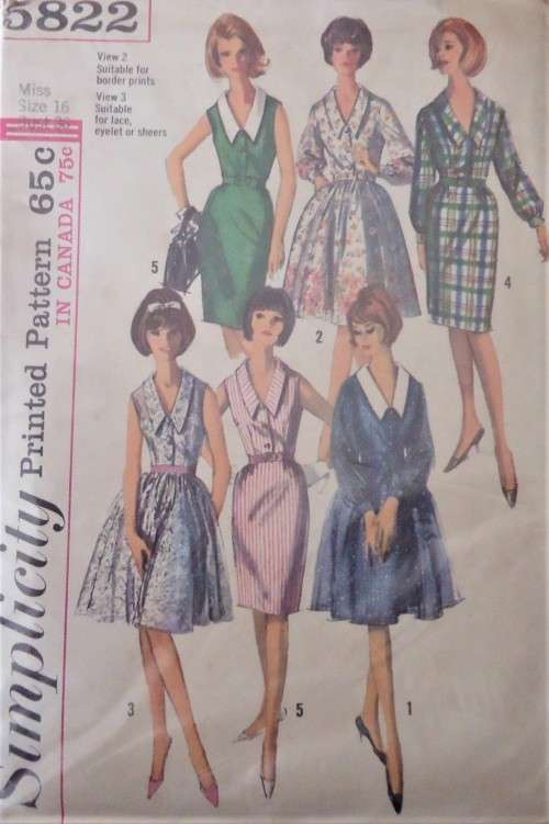 VINTAGE SIMPLICITY 5822 ONE PIECE DRESS+2 SKIRTS+DETACH COLLAR SIZE 16 BUST 36` COMPLETE-UNCUT-F/F