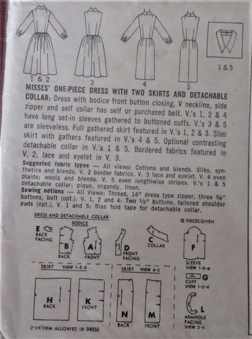 VINTAGE SIMPLICITY 5822 ONE PIECE DRESS+2 SKIRTS+DETACH COLLAR SIZE 16 BUST 36` COMPLETE-UNCUT-F/F