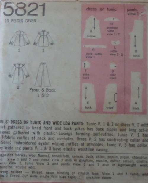 VINTAGE SIMPLICITY 5821 GIRLS DRESS-TUNIC-WIDE LEG PANTS- SIZE 7 YEAR BREAST 26` COMPLETE