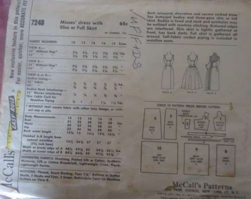 VINTAGE McCalls 7248  DRESS WITH FULL OR SLIM SKIRT SIZE 14 BUST 34 COMPLETE-UNCUT-F/F ZIPLOC