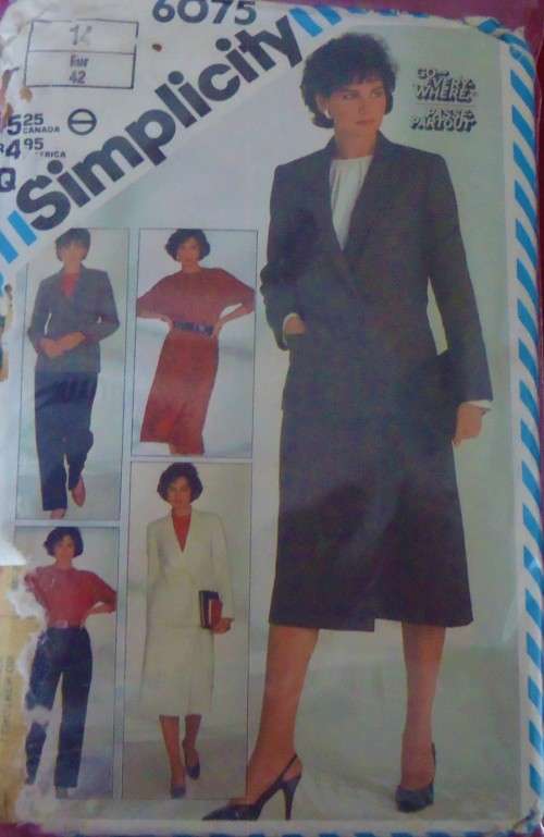 SIMPLICITY 6075 PANTS-SLIM FRONT WRAP SKIRT-PULLOVER BLOUSE-LINED JACKET SIZE 14 COMPLETE-UNCUT-F/F