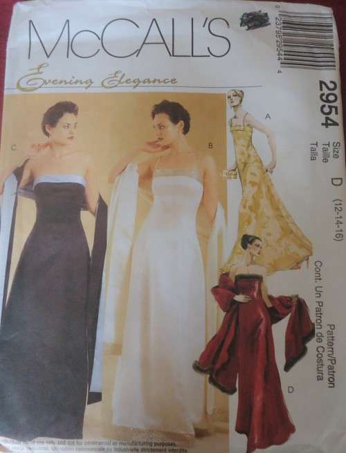 McCalls 2954 EVENING ELEGANCE-LINED DRESS & STOLE SIZE D=12-14-16 COMPLETE