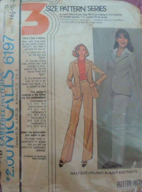McCalls 6197 HALF SIZE UNLINED BLAZER and PANTS SIZE 16 1/2 - 18 1/2 -20 1/2 SEE LISTING-ZIPLOC BAG