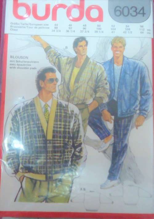 BURDA PATTERN 6034 MEN`S CASUAL JACKET SIZES 88-92-96-100-104-108-112 CM COMPLETE