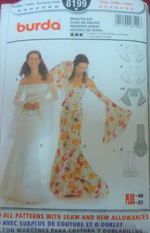 BURDA PATTERN 8199 WEDDING DRESS SIZES 10-12-14-16-18-20-22 COMPLETE
