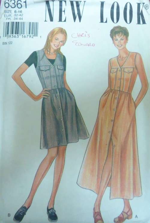 NEW LOOK PATTERNS 6361 FRONT BUTTON + POCKET WAISTED DRESS SIZES 6-16 COMPLETE