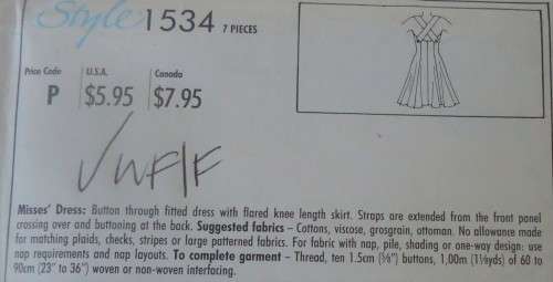 STYLE 1534 BUTTON THRU FITTED FLARED DRESS SIZE O 12-14-16 COMPLETE-UNCUT-F/FOLDED
