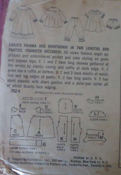 VINTAGE SIMPLICITY 1824 CHILD PJS & NIGHTGOWN & PANTIES+TRANSFER SIZE 5 YEARS COMPLETE-TRANSFER