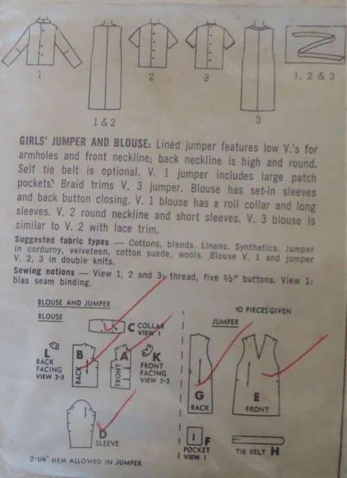 VINTAGE SIMPLICITY 5549 GIRLS PINAFORE & BLOUSE SIZE 10 YEARS NO SEWING INSTRUCTIONS -ZIPLOC BAG